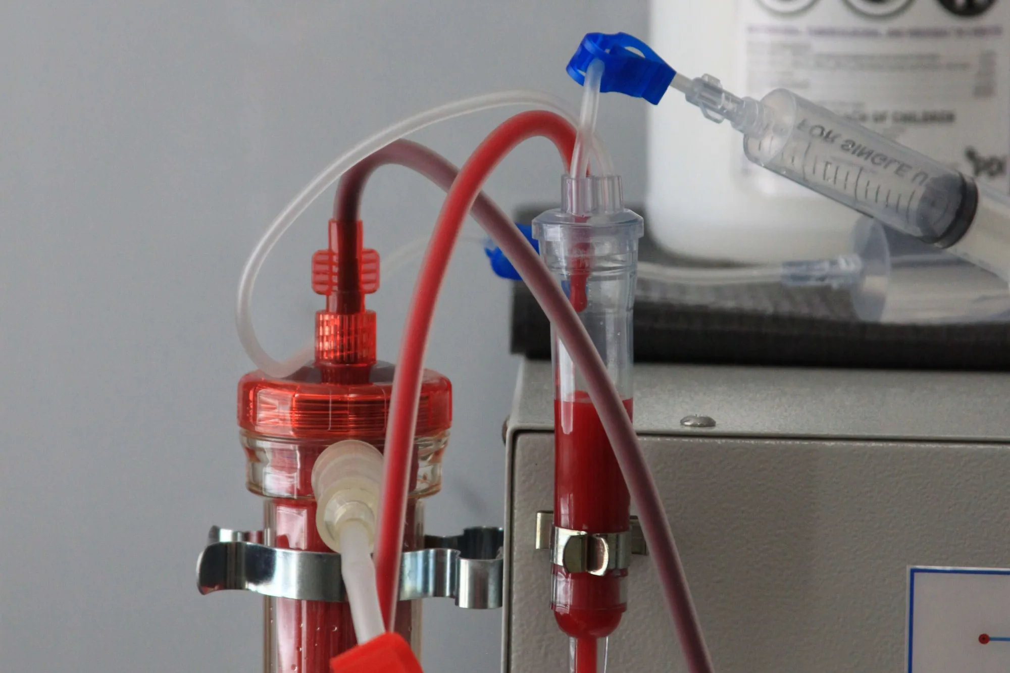 The EBOO filtration and ozonation equipment at SeaCoast Clinic, filter cartridge and blood tubing in the foreground