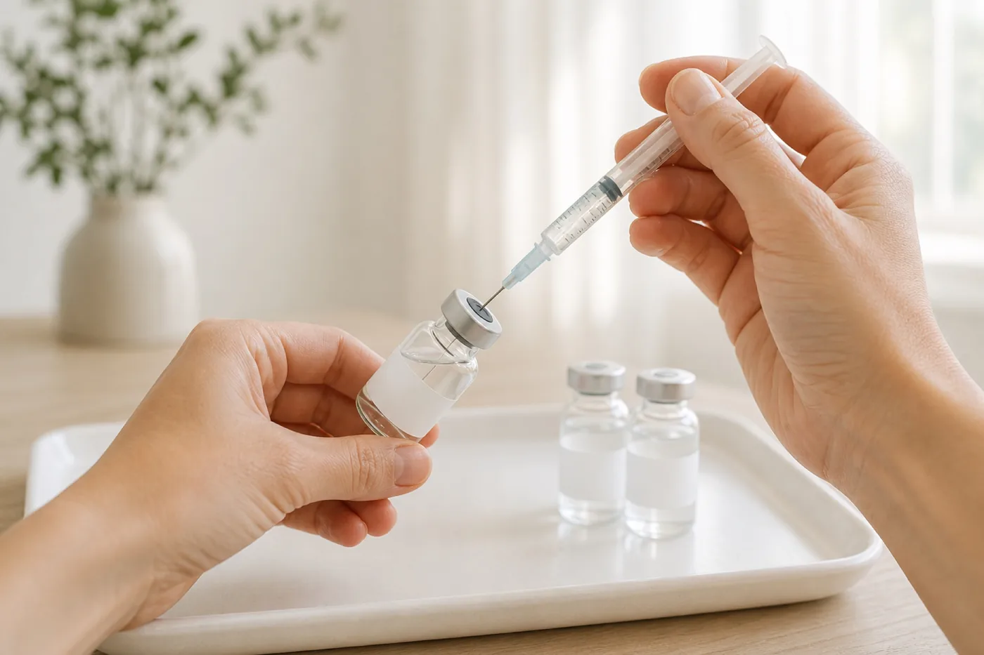 A clinician drawing a peptide dose from a vial